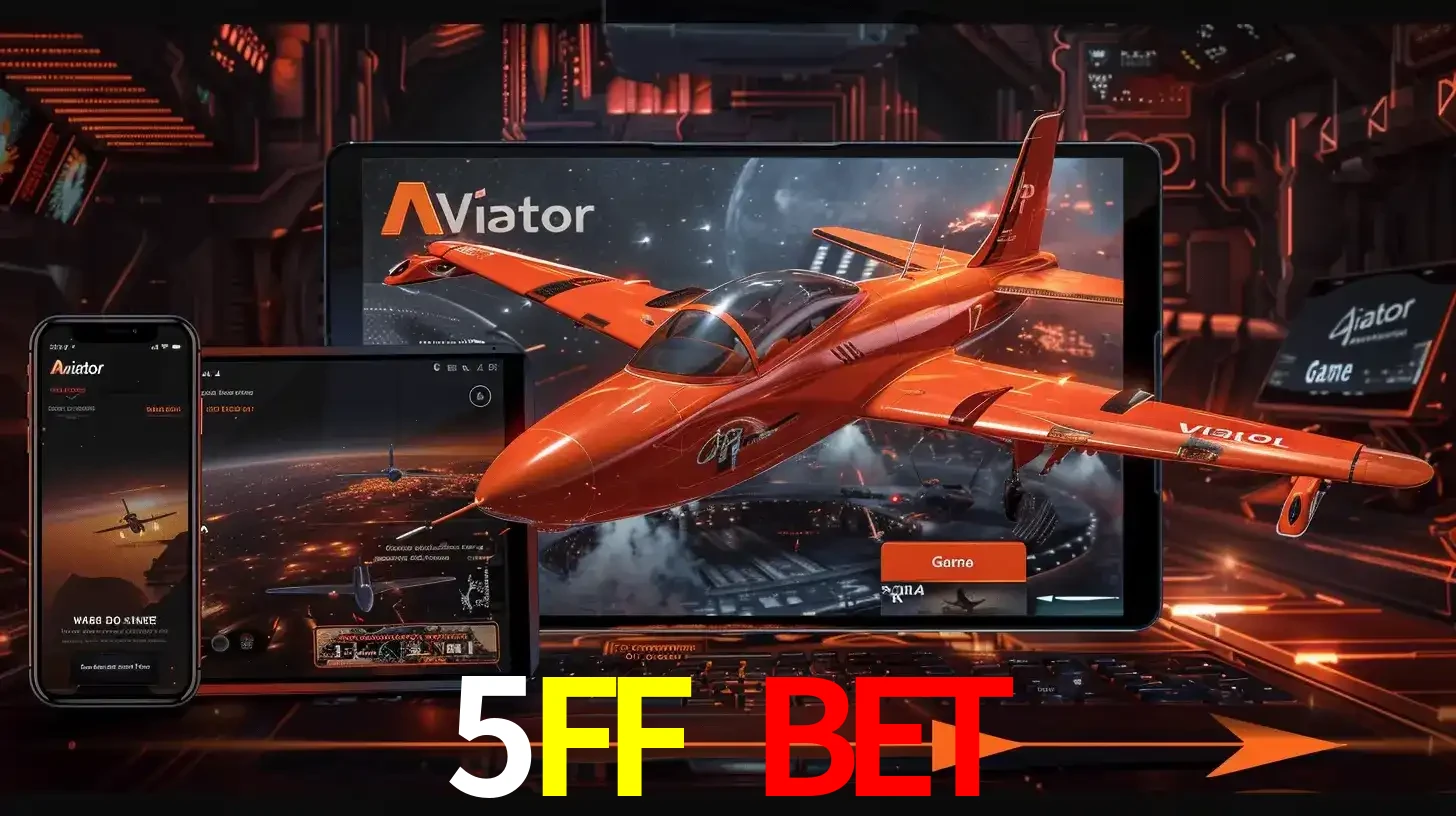 Apresentação tecnológica do jogo Aviator com um avião saindo da tela de um tablet, demonstrando a experiência imersiva em múltiplos dispositivos no 5FF BET.