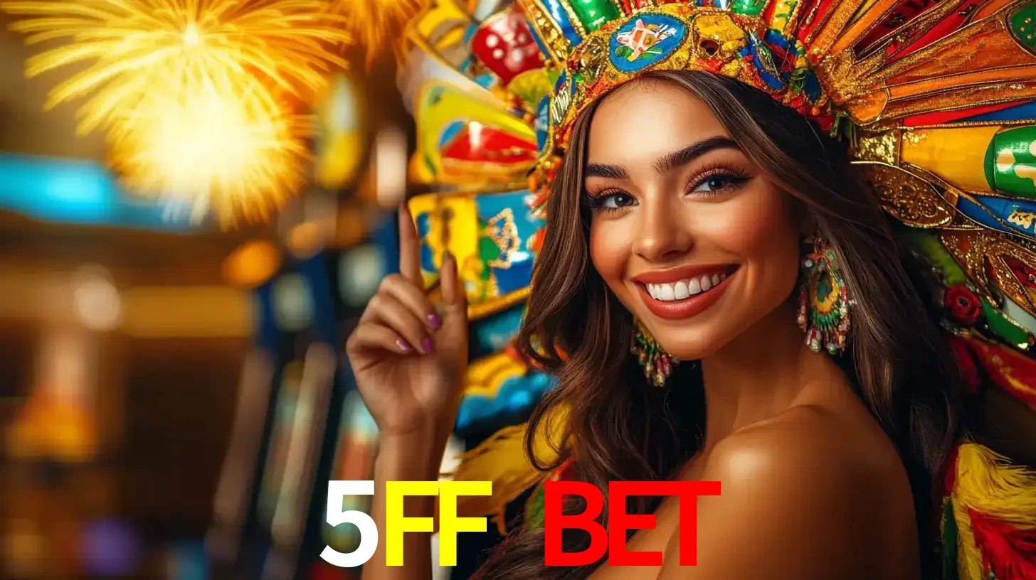 Mulher sorridente com um cocar de carnaval vibrante e colorido, celebrando uma grande vitória nos jogos do cassino 5FF BET com fogos de artifício ao fundo.