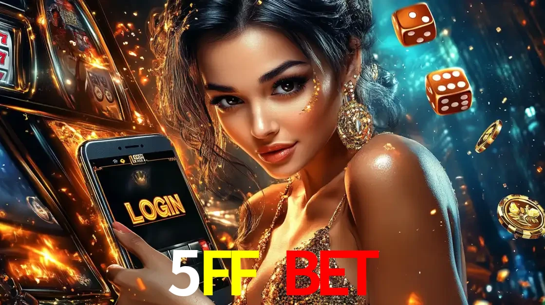 Mulher glamourosa segurando um celular com a tela de login do cassino 5FF BET, rodeada por dados e moedas douradas, pronta para começar a diversão.