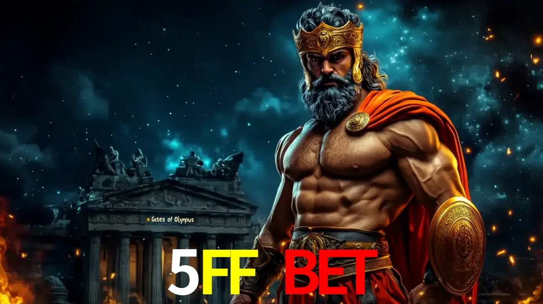O poderoso Zeus do jogo de slot Gates of Olympus em frente ao seu templo, pronto para lançar multiplicadores divinos e prêmios épicos no cassino online 5FF BET.