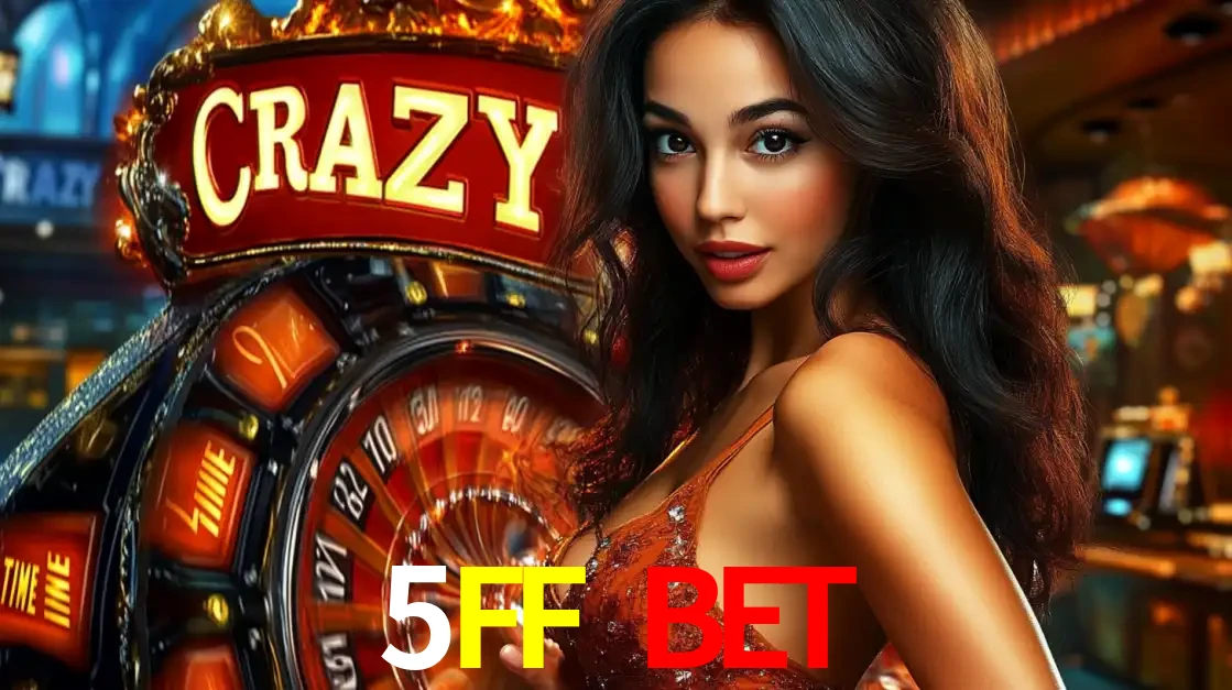 Mulher glamourosa olhando para a câmera com a roda vermelha do Crazy Time ao fundo em um ambiente de cassino, destacando a emoção dos jogos ao vivo no 5FF BET.