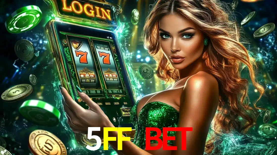 Mulher com tema verde apresentando o aplicativo do cassino 5FF BET com um jogo de slot de 777, cercada por fichas de cassino e uma aura de sorte.