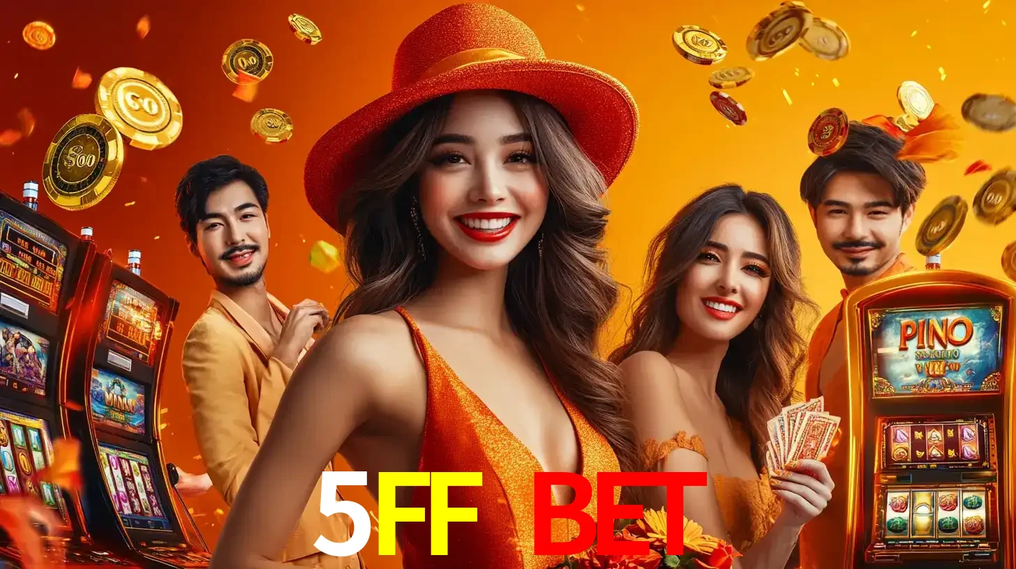 Grupo de amigos asiáticos sorrindo e se divertindo com máquinas de caça-níqueis em um ambiente festivo, celebrando suas vitórias nos jogos de cassino do 5FF BET.