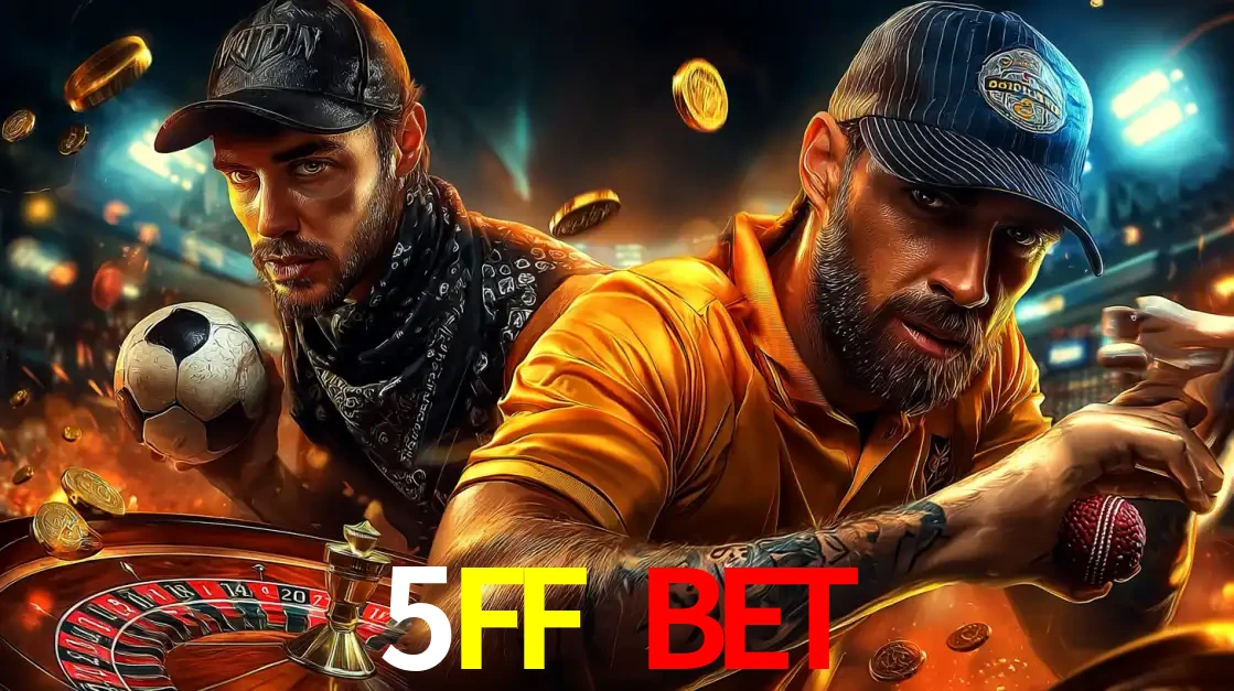 Montagem de apostas esportivas e cassino no 5FF BET, com um homem segurando uma bola de futebol e outro uma de beisebol sobre uma roleta e moedas voadoras.