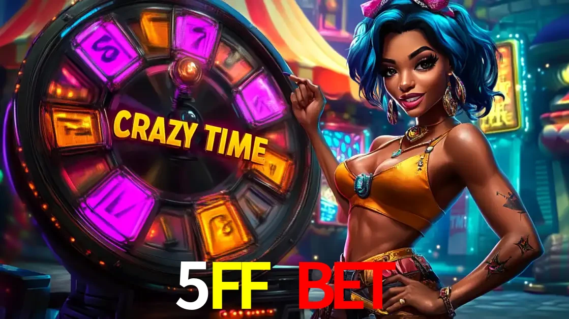 Mulher estilizada com cabelo azul e visual vibrante posando ao lado da roda de prêmios do game show Crazy Time, convidando para a diversão e os bônus do cassino 5FF BET.