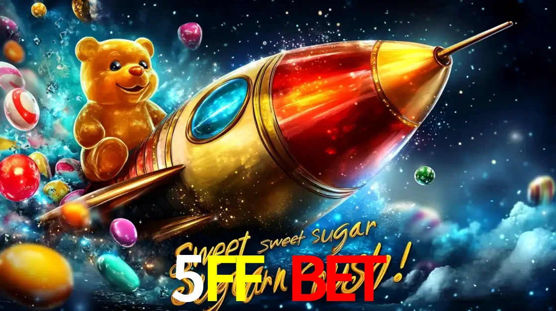 Arte promocional do jogo de slot Sugar Rush, com um urso de pelúcia em um foguete viajando pelo espaço de doces, um dos jogos divertidos disponíveis no cassino 5FF BET.