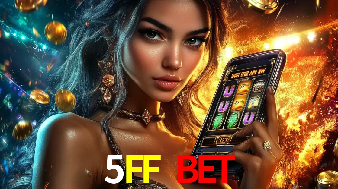 Mulher elegante mostrando um jogo de caça-níqueis em seu smartphone, destacando a experiência de cassino móvel oferecida pelo aplicativo 5FF BET.