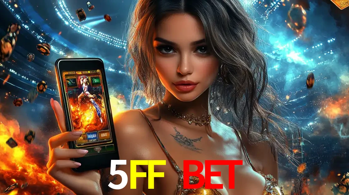 Mulher segurando um celular com um jogo de slot em destaque, tendo como fundo um estádio vibrante, simbolizando a emoção de jogar no cassino móvel 5FF BET.
