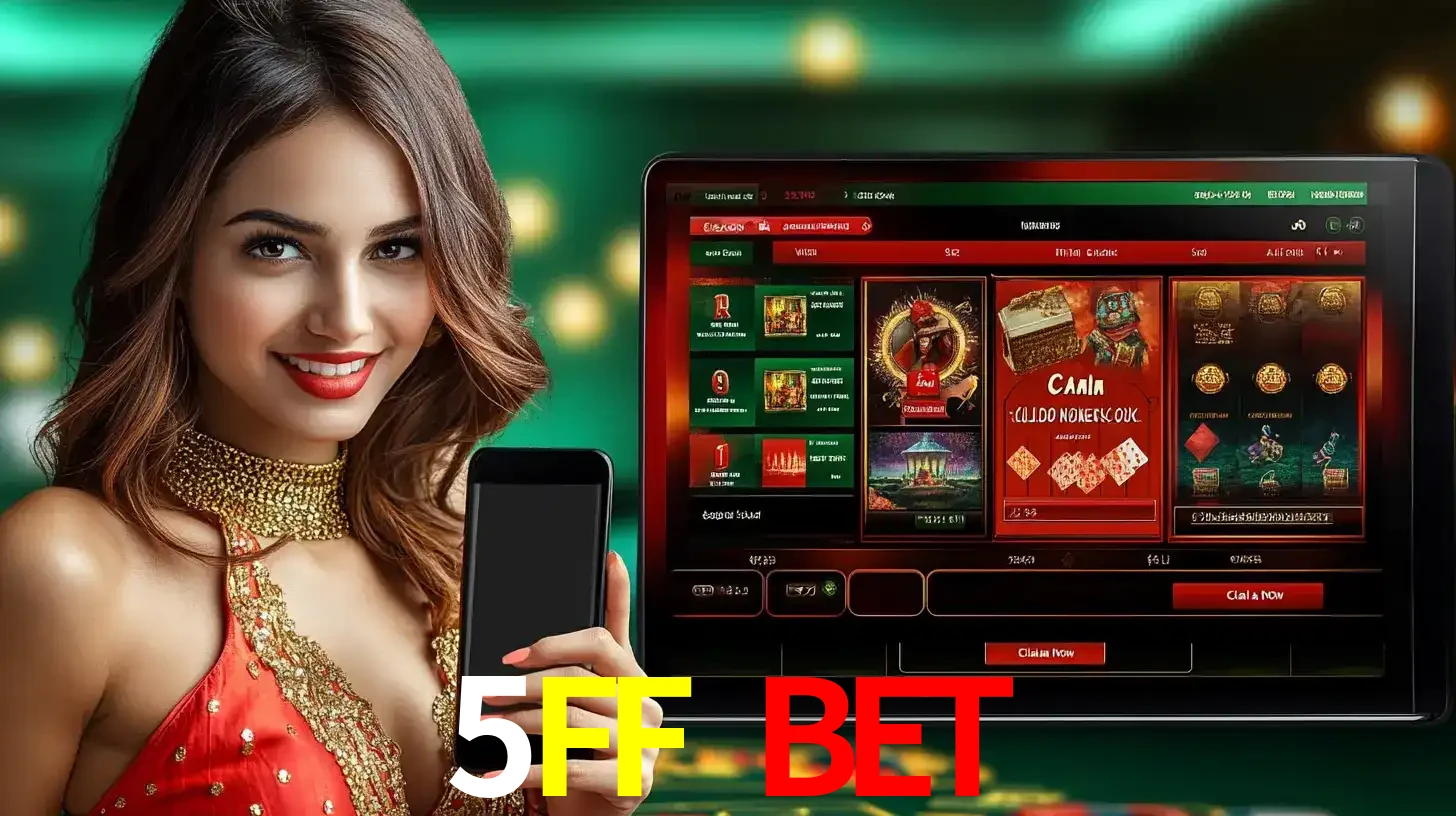 Mulher sorridente segurando um smartphone, ao lado de uma tela exibindo o lobby de jogos do cassino online 5FF BET, com várias opções de jogos de cartas e slots.